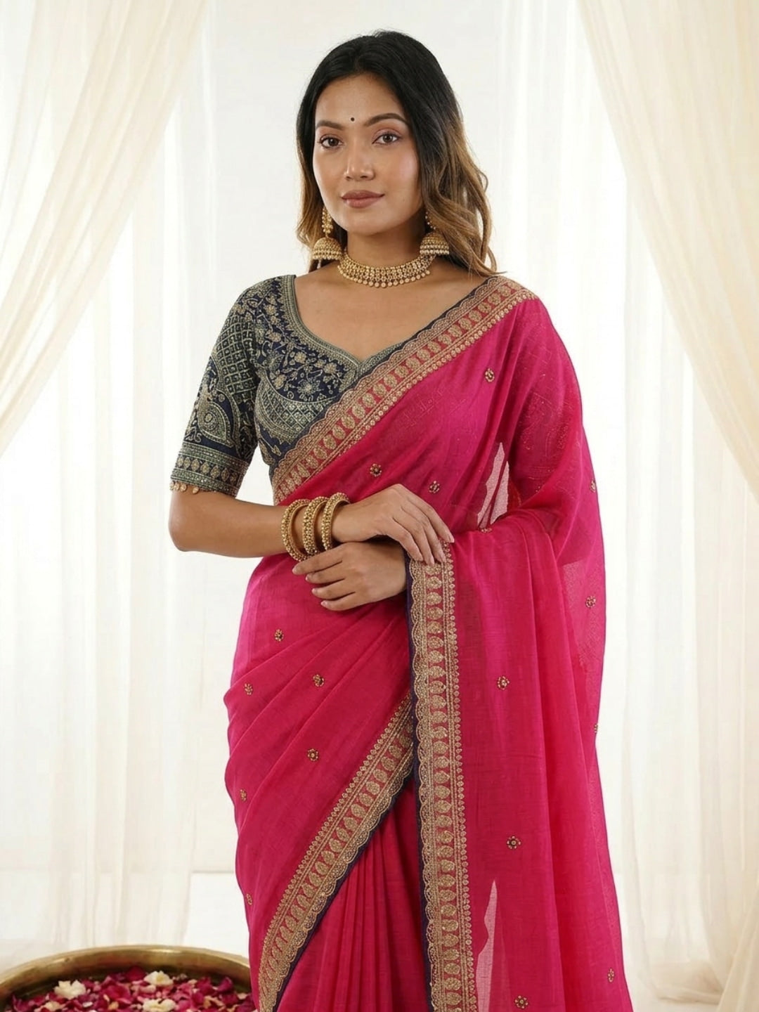 Peachmode Pink Rangoli Silk Saree with Sequins, Zari Embroidery and Multi Arco Border - Image 2