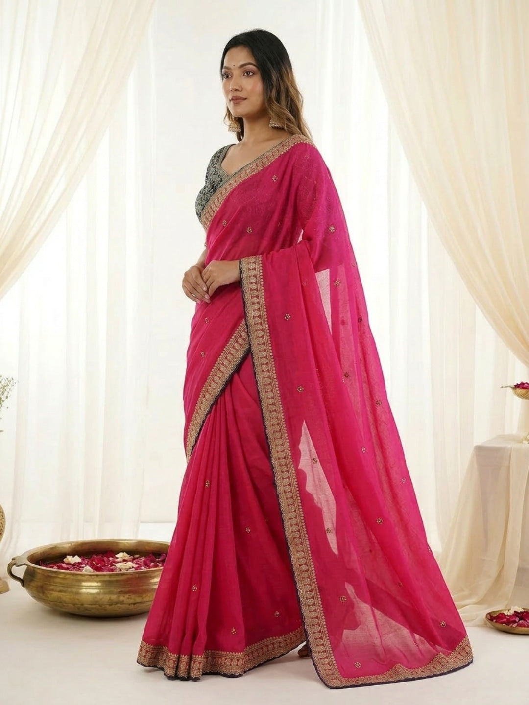 Peachmode Pink Rangoli Silk Saree with Sequins, Zari Embroidery and Multi Arco Border - Image 3