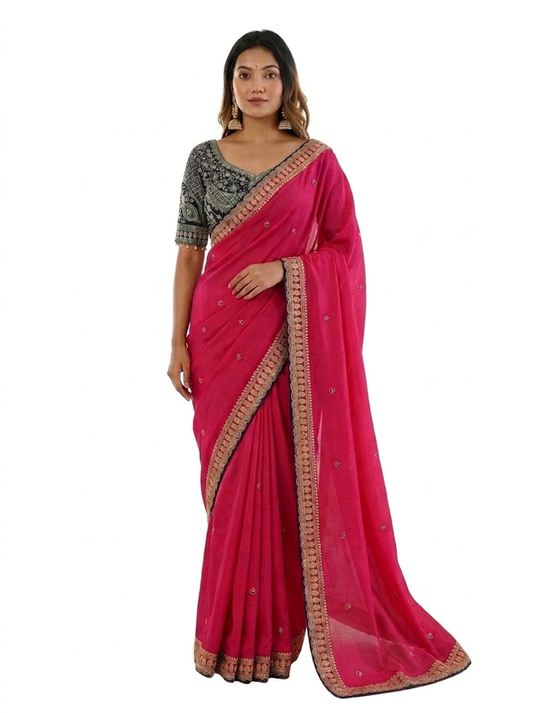 Peachmode Pink Rangoli Silk Saree with Sequins, Zari Embroidery and Multi Arco Border - Image 5