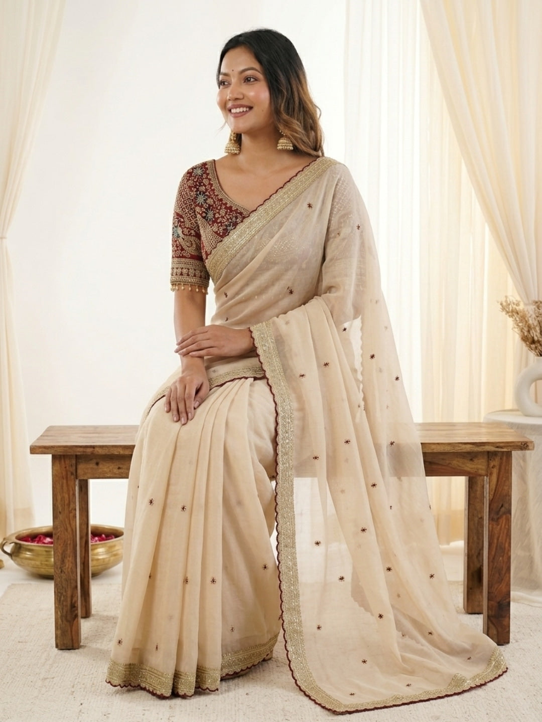 Peachmode Cream Rangoli Silk Saree with Sequins, Zari Embroidery and Multi Arco Border - Image 2