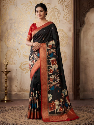 Black Digital Printed Dola Silk Saree With Woven Jacquard Border - Image 1