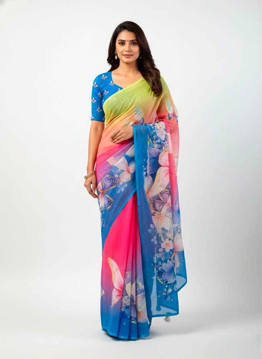 Peachmode Blue Soft Linen Saree with butterfly floral print - Image 1