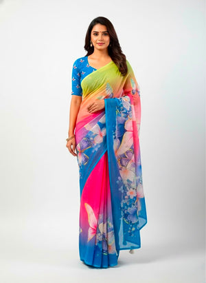 Peachmode Blue Soft Linen Saree with butterfly floral print - Image 1