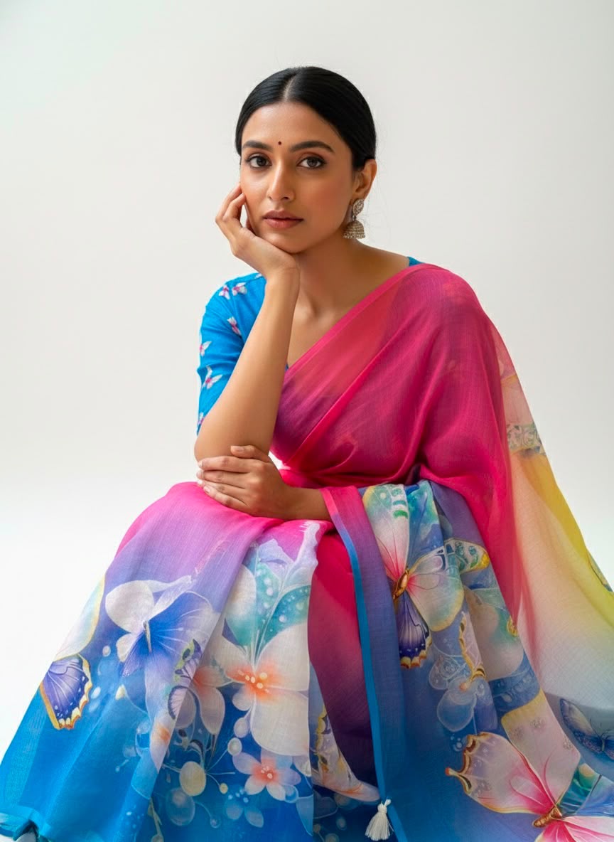 Peachmode Blue Soft Linen Saree with butterfly floral print - Image 7