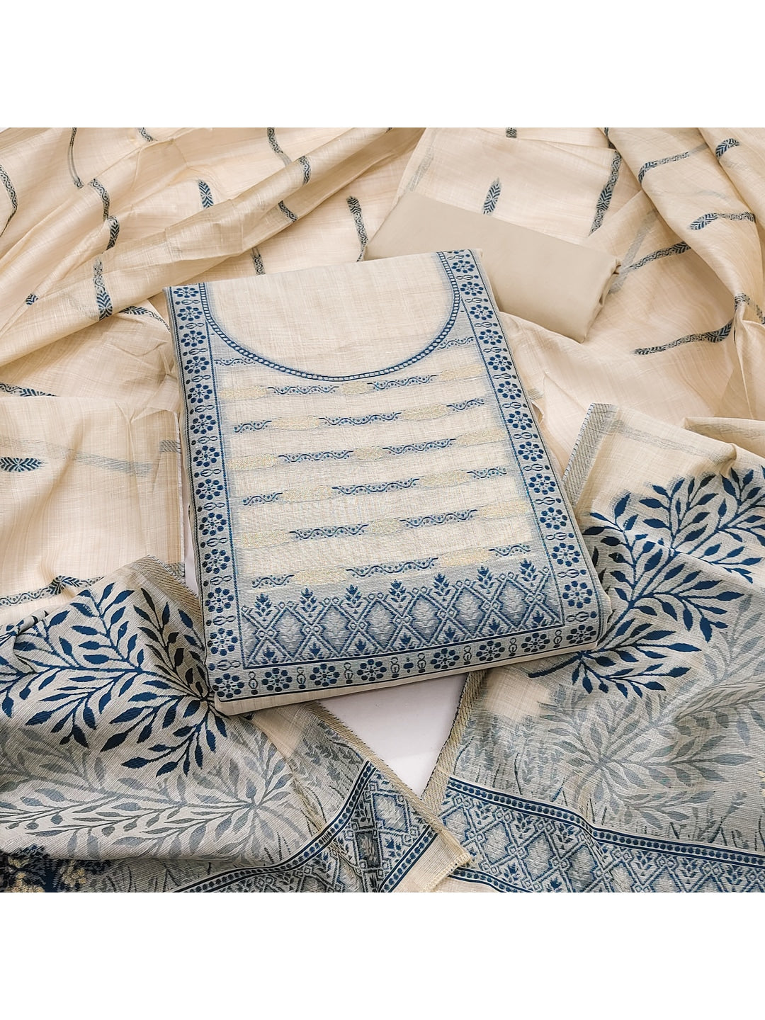 Peachmode Cream & Blue Linen Cotton Dress Material with Ethnic Motifs - Image 4