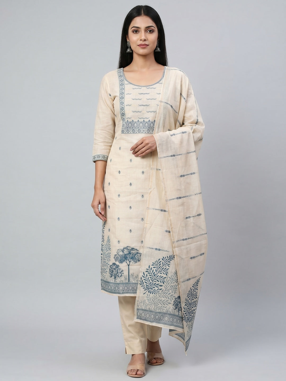 Peachmode Cream & Blue Linen Cotton Dress Material with Ethnic Motifs - Image 1