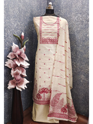 Peachmode Cream & Red Linen Cotton Dress Material with Ethnic Motifs - Image 2