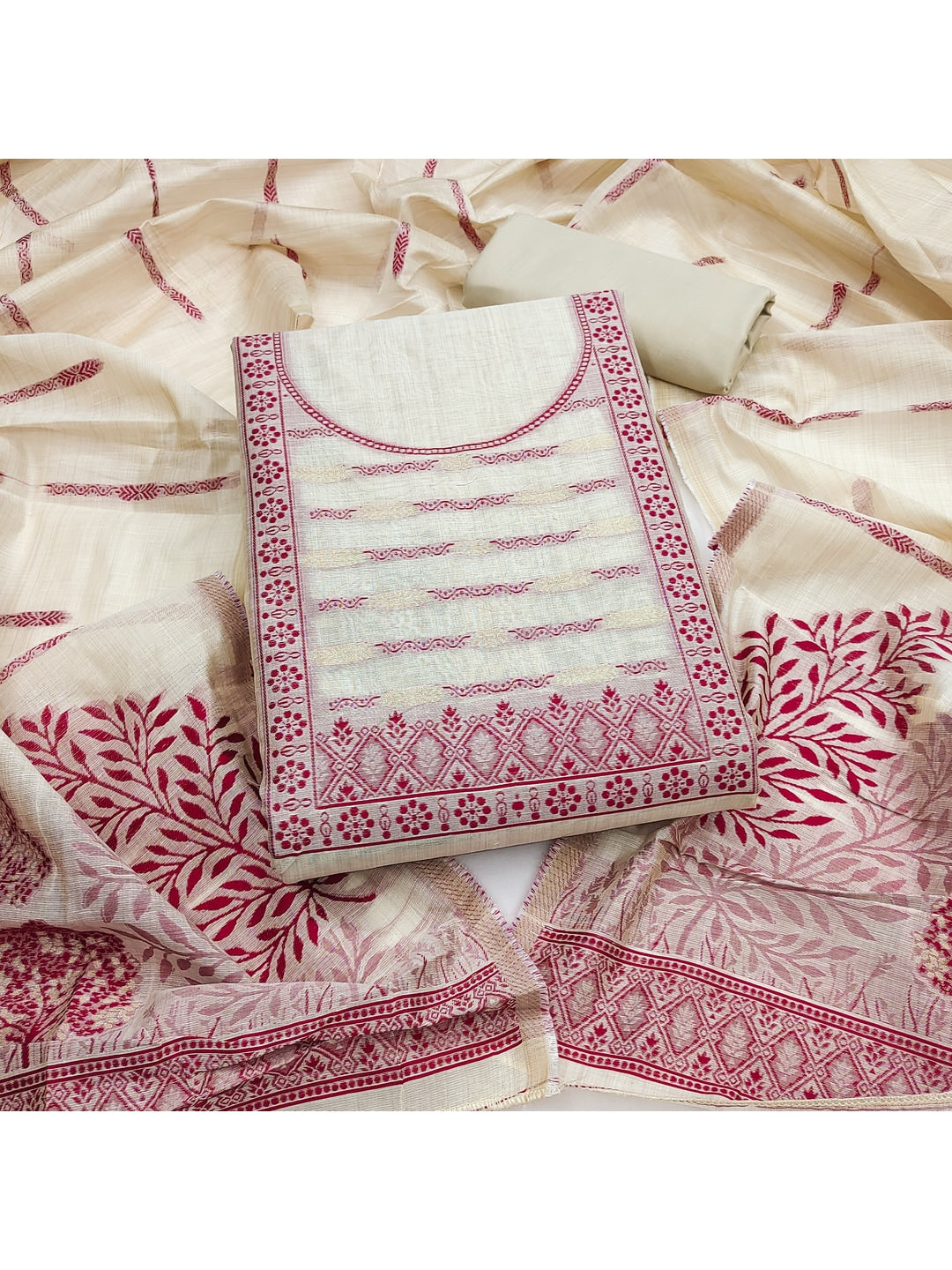 Peachmode Cream & Red Linen Cotton Dress Material with Ethnic Motifs - Image 4