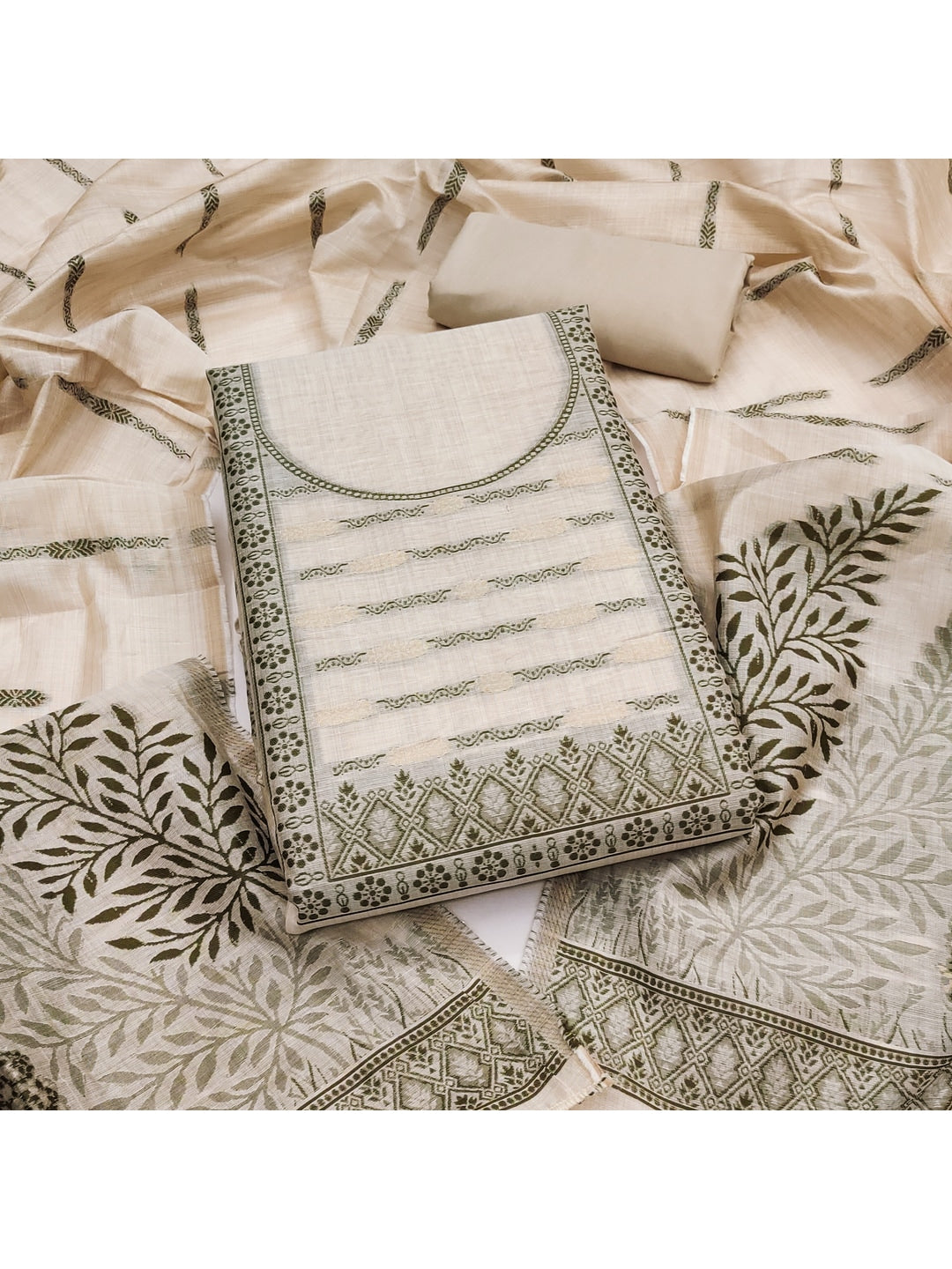 Peachmode Cream & Olive Linen Cotton Dress Material with Ethnic Motifs - Image 4