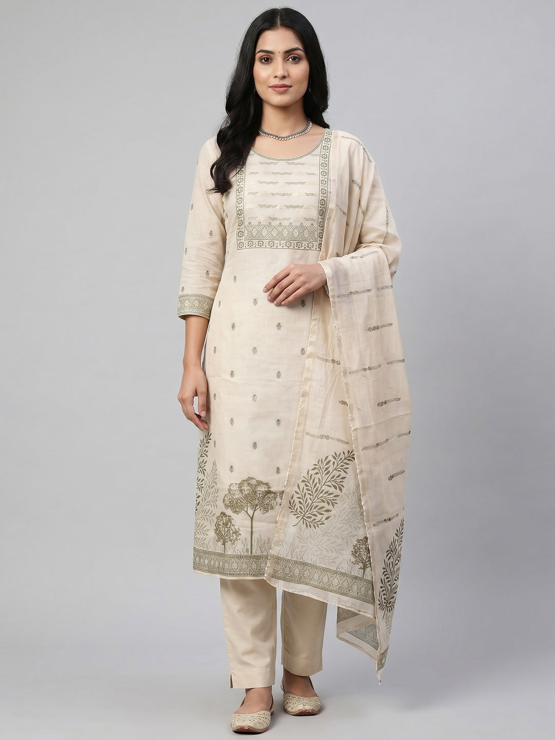 Peachmode Cream & Olive Linen Cotton Dress Material with Ethnic Motifs - Image 1