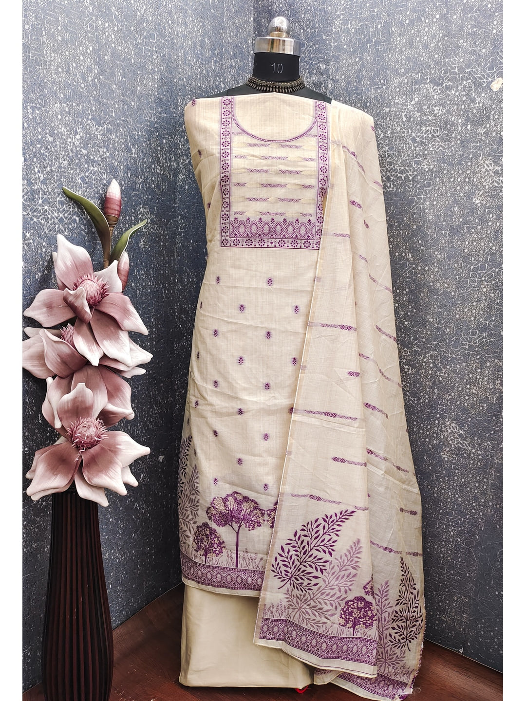 Peachmode Cream & Purple Linen Cotton Dress Material with Ethnic Motifs - Image 2