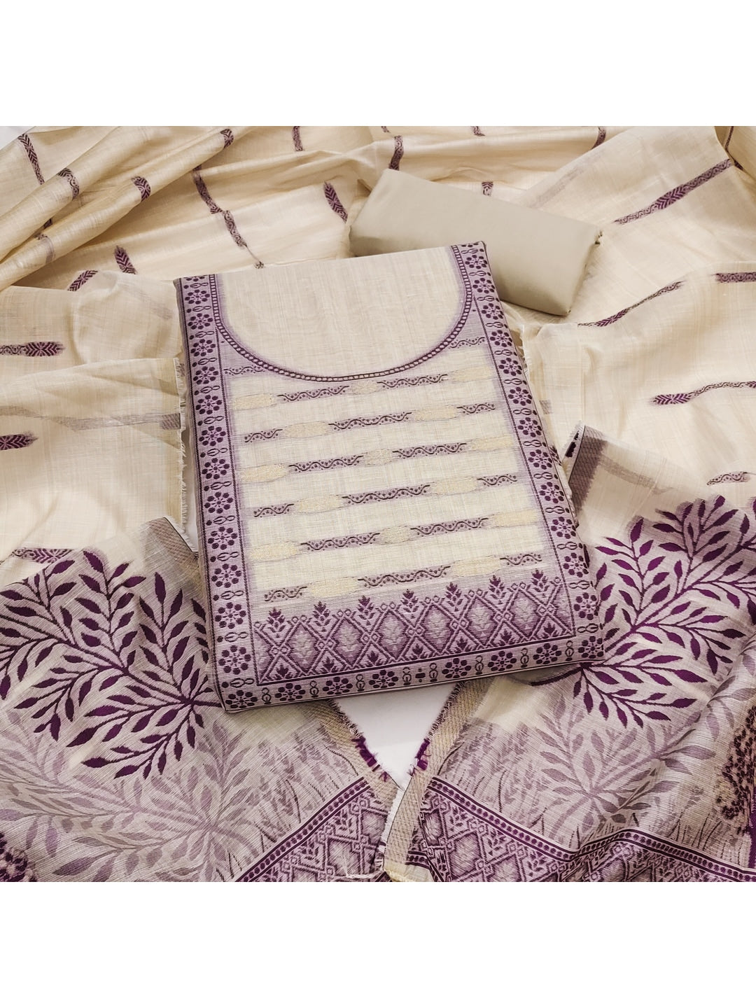 Peachmode Cream & Purple Linen Cotton Dress Material with Ethnic Motifs - Image 4