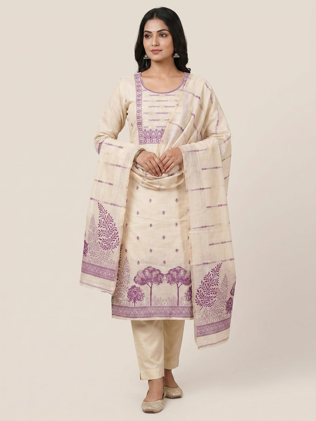 Peachmode Cream & Purple Linen Cotton Dress Material with Ethnic Motifs - Image 1