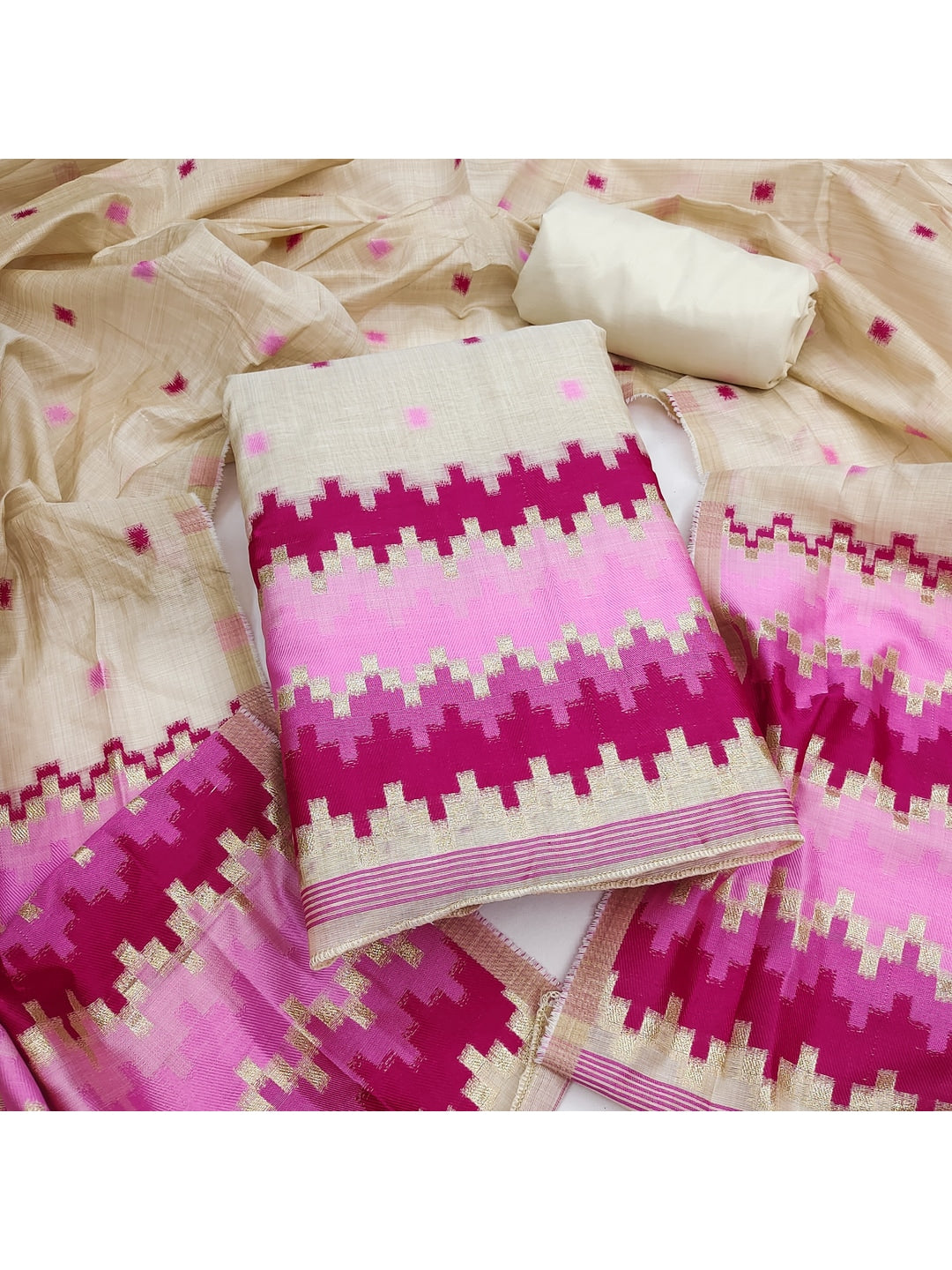 Peachmode Cream & Pink Linen Cotton Dress Material with Ethnic Motifs - Image 1