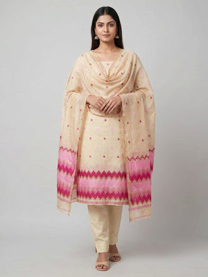 Peachmode Cream & Pink Linen Cotton Dress Material with Ethnic Motifs - Image 1