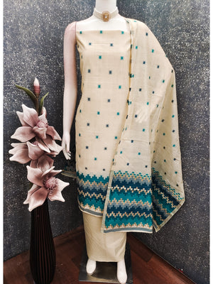 Peachmode Cream & Teal Linen Cotton Dress Material with Ethnic Motifs - Image 2