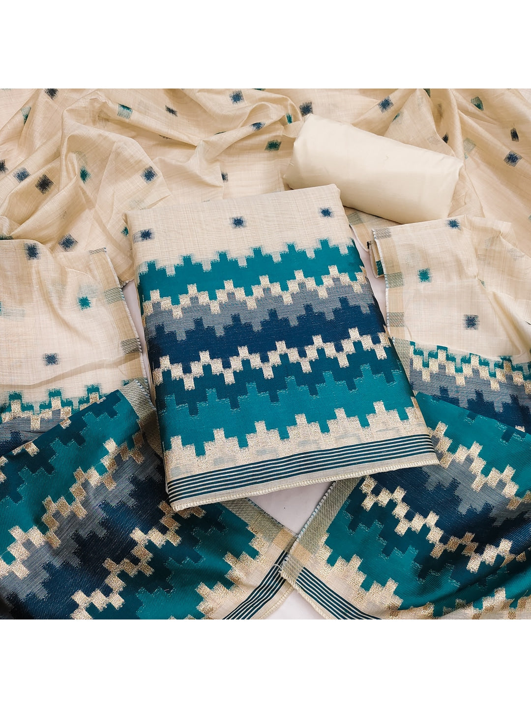 Peachmode Cream & Teal Linen Cotton Dress Material with Ethnic Motifs - Image 4