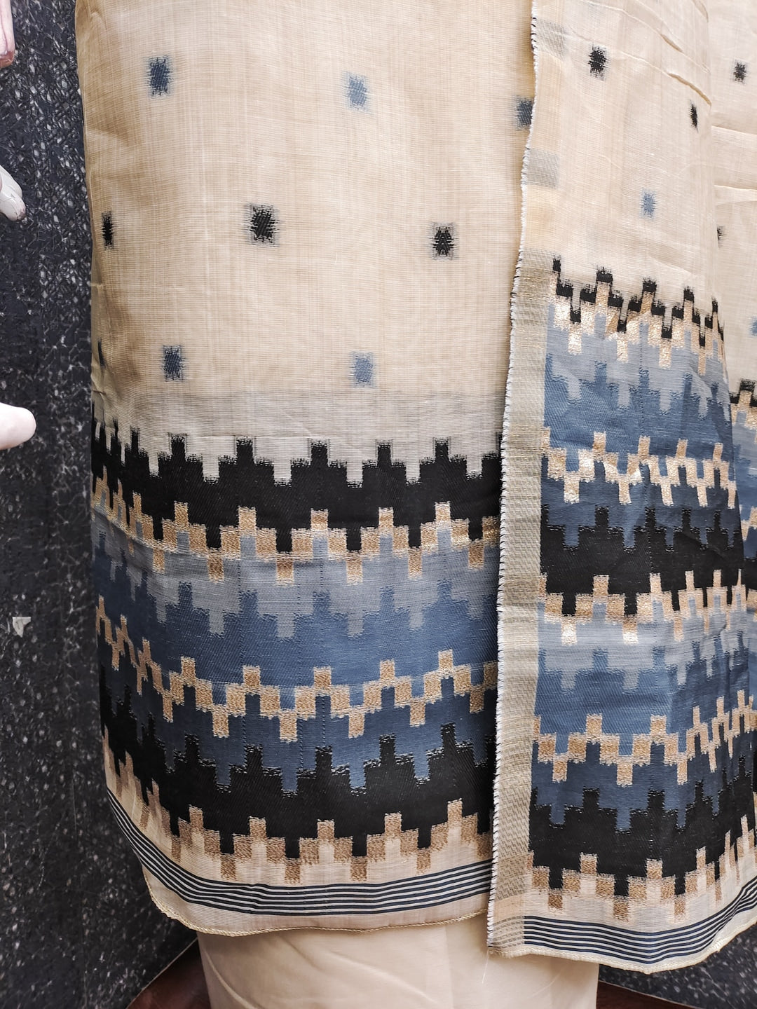 Peachmode Cream & Grey Linen Cotton Dress Material with Ethnic Motifs - Image 3