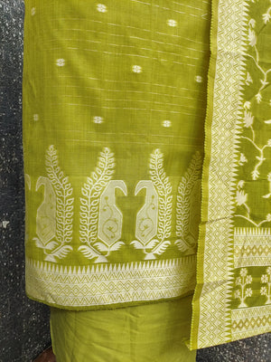 Peachmode Olive Cotton Dress Material with Ethnic Motifs - Image 3