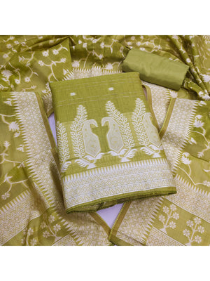 Peachmode Olive Cotton Dress Material with Ethnic Motifs - Image 5