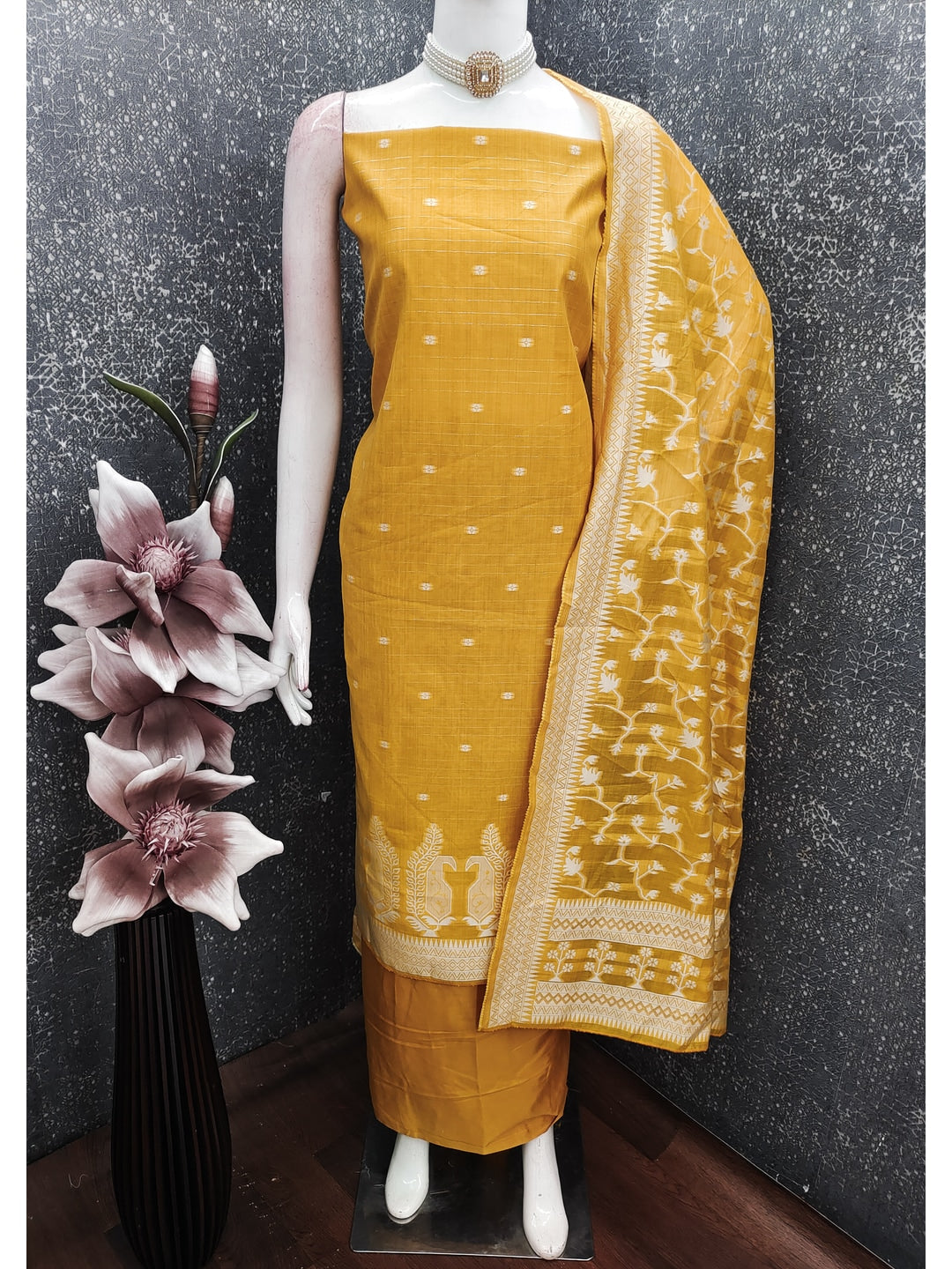 Peachmode Mustard Cotton Dress Material with Ethnic Motifs - Image 3