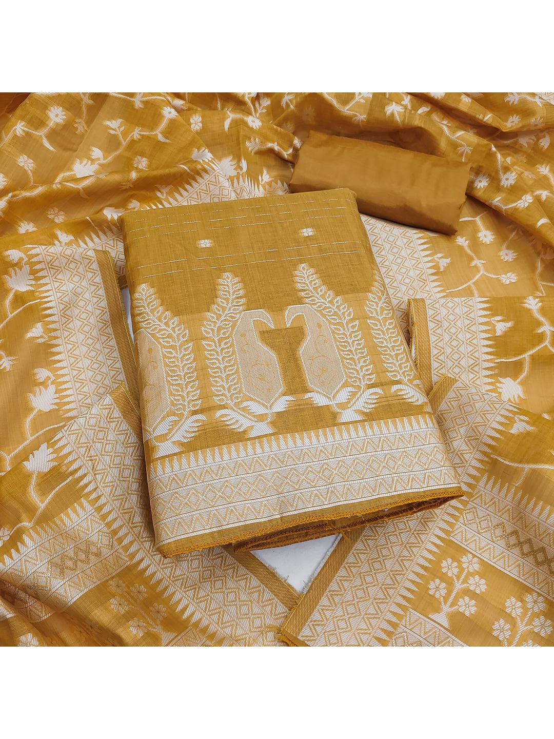 Peachmode Mustard Cotton Dress Material with Ethnic Motifs - Image 4
