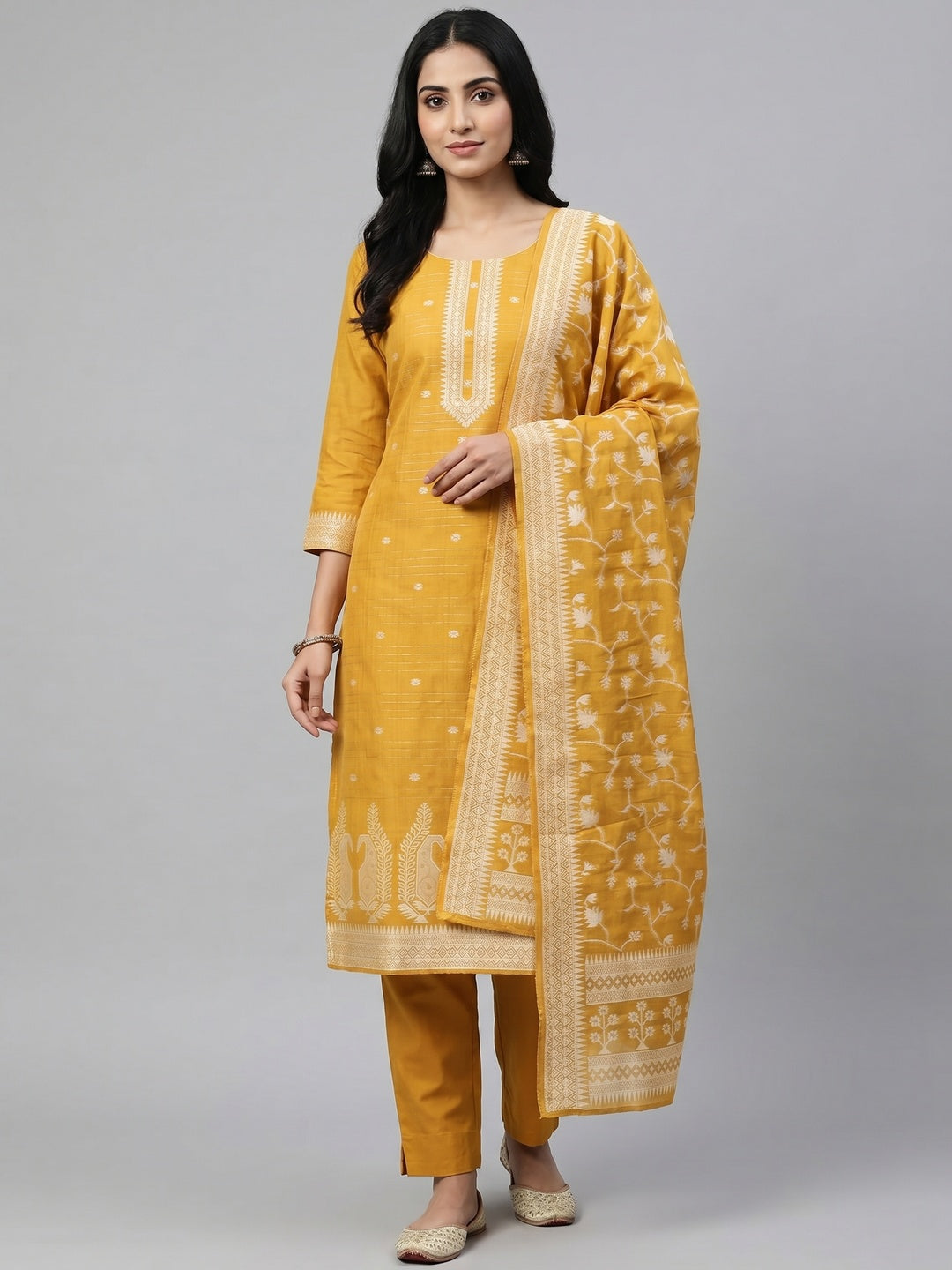 Peachmode Mustard Cotton Dress Material with Ethnic Motifs - Image 1