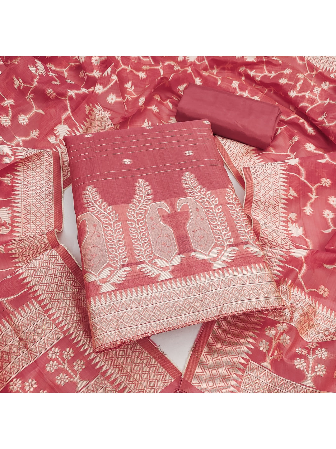 Peachmode Coral Cotton Dress Material with Ethnic Motifs - Image 4