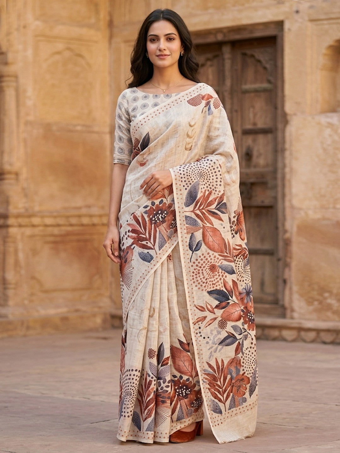 Peachmode Offwhite Linen Printed Saree with Leafy Floral Motifs - Image 1