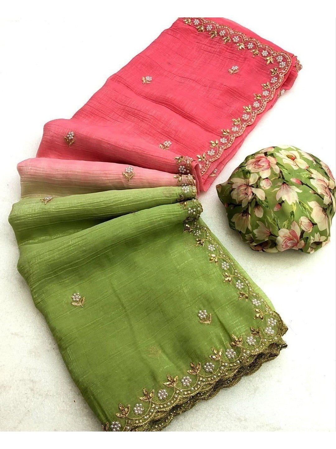 Peachmode Pista Crunchy Crush Embroidered Saree - Image 2