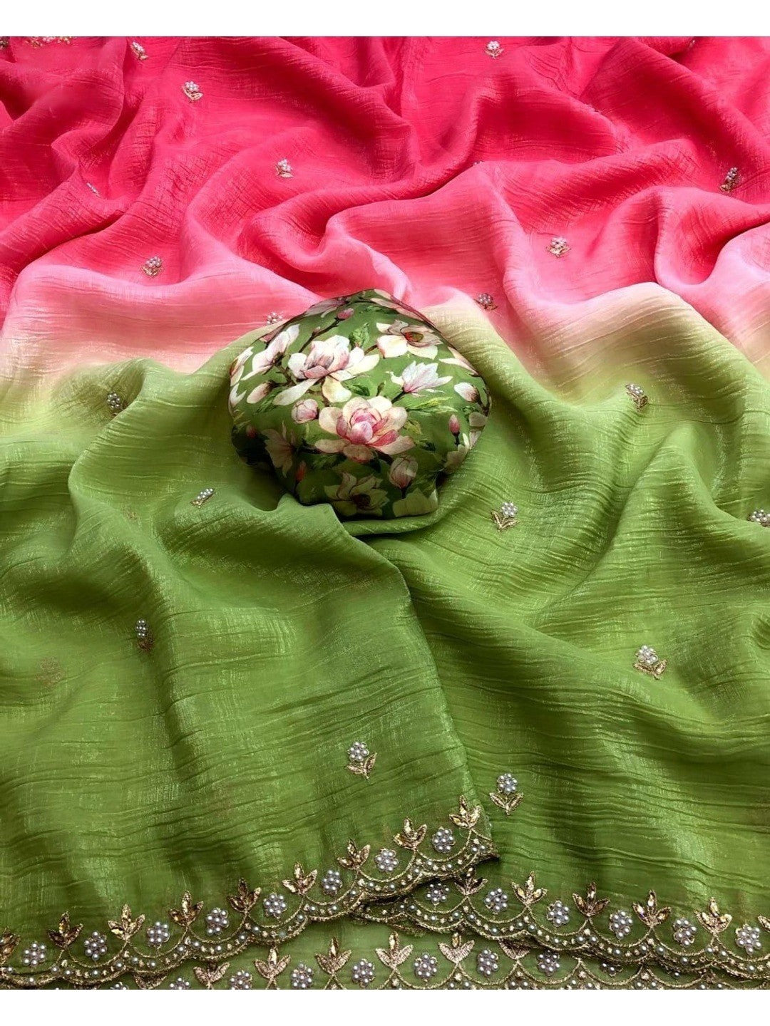 Peachmode Pista Crunchy Crush Embroidered Saree - Image 3
