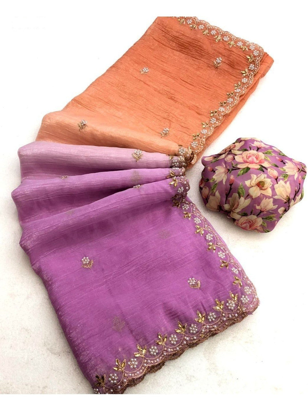 Peachmode Baby Pink Crunchy Crush Embroidered Saree - Image 2
