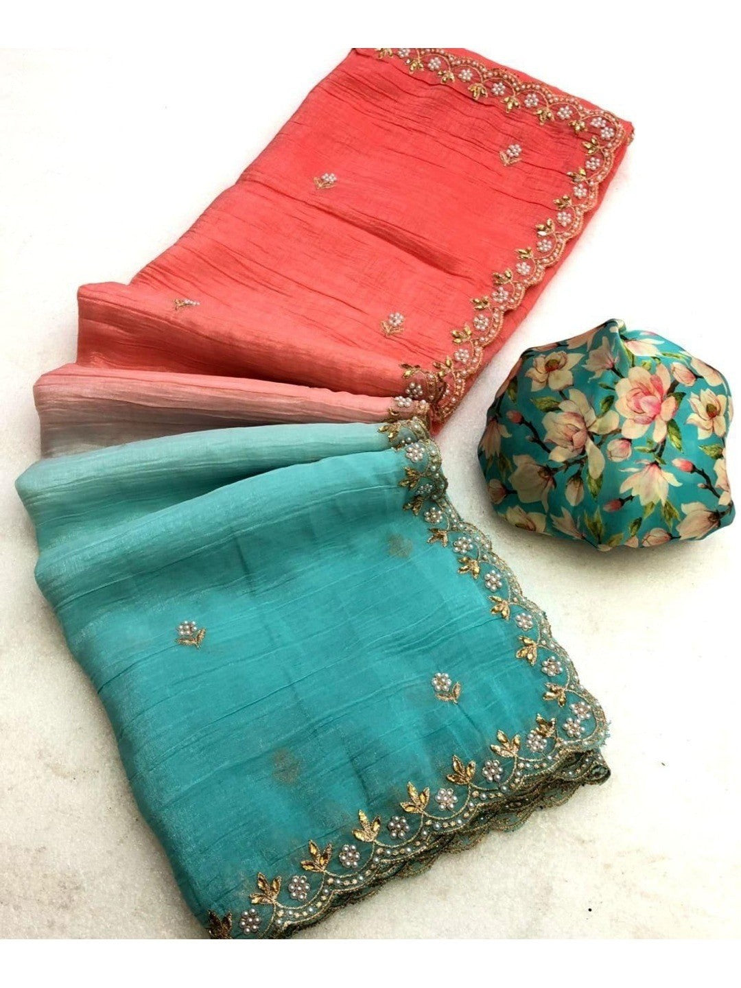Peachmode Sky Blue Crunchy Crush Embroidered Saree - Image 3