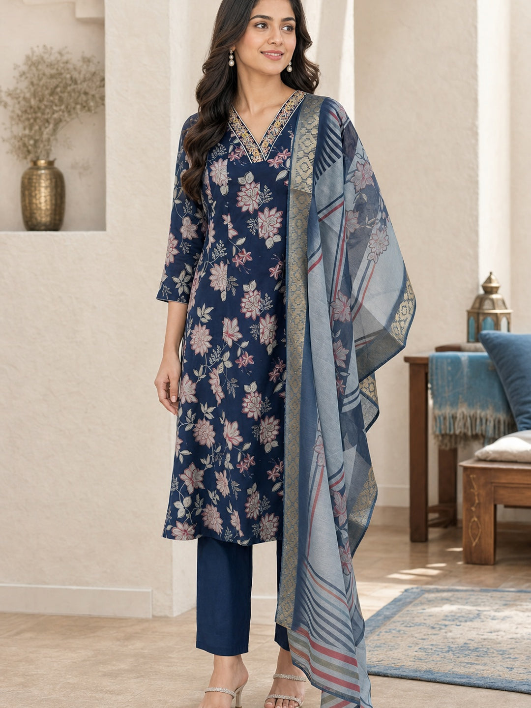 Navy Blue Chanderi Floral Printed Salwar Suit Set - Image 1