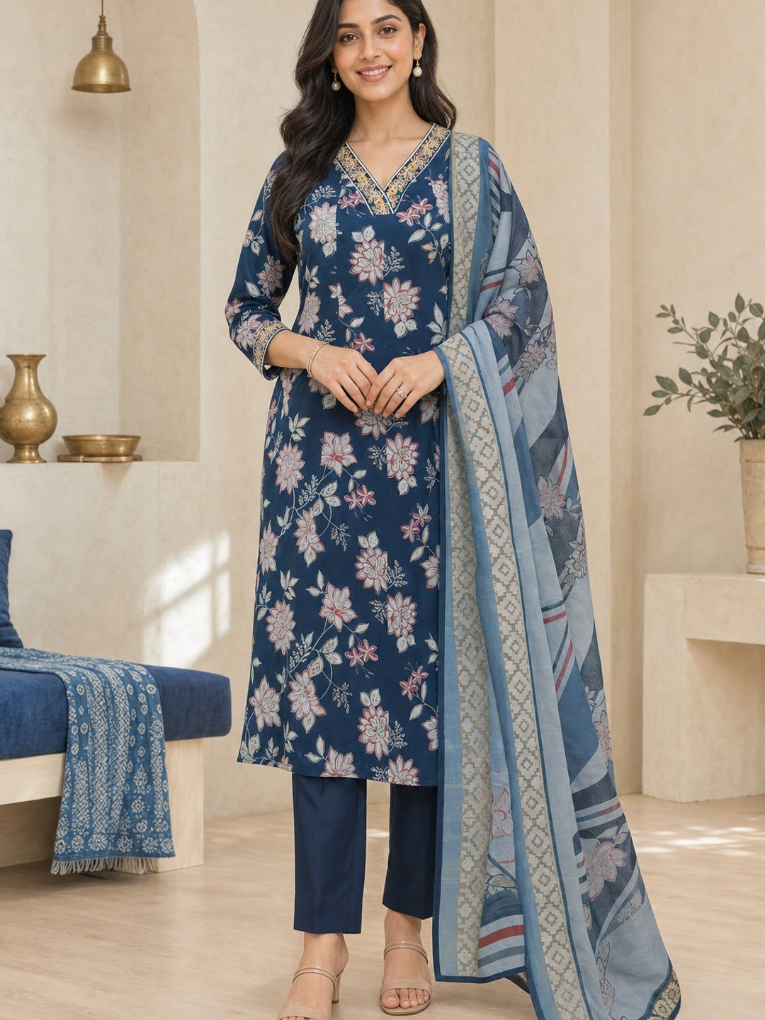 Navy Blue Chanderi Floral Printed Salwar Suit Set - Image 2