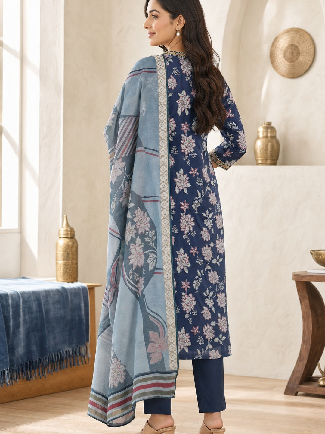 Navy Blue Chanderi Floral Printed Salwar Suit Set - Image 4