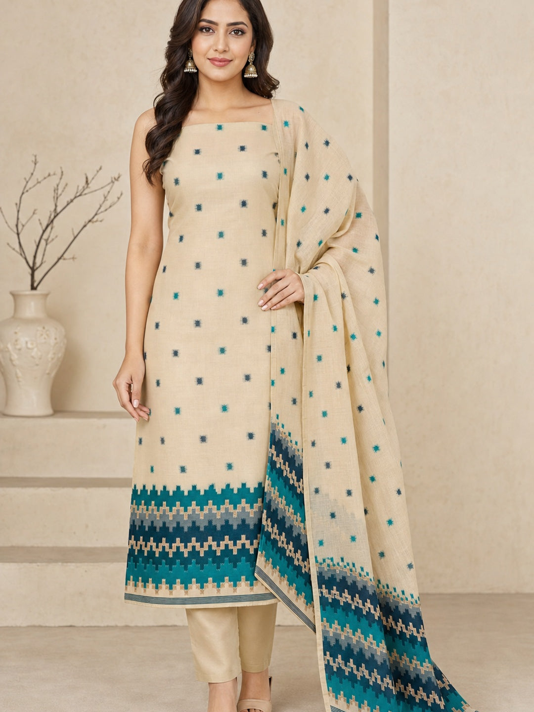 Peachmode Cream & Teal Linen Cotton Dress Material with Ethnic Motifs - Image 1