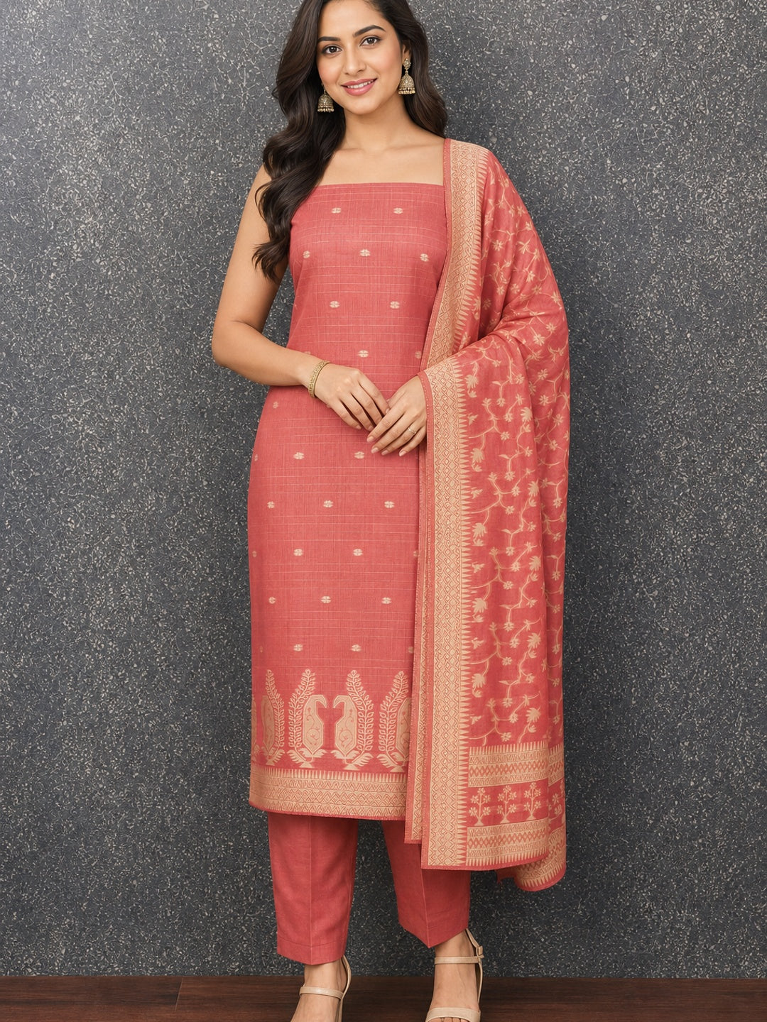 Peachmode Coral Cotton Dress Material with Ethnic Motifs - Image 1