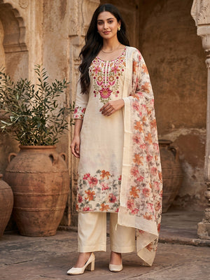 Peachmode Cream Linen Dress Material with Floral Embroidery - Image 1
