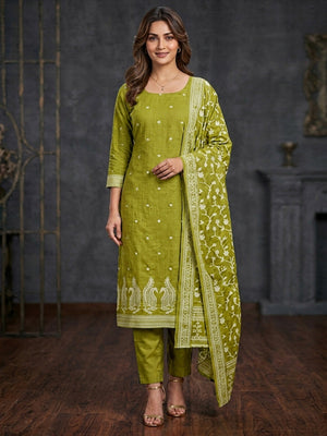 Peachmode Olive Cotton Dress Material with Ethnic Motifs - Image 2