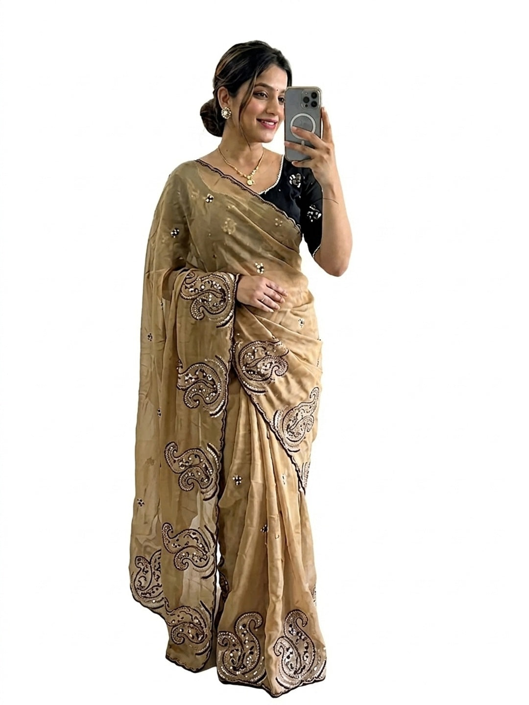 Peachmode Beige Rangoli Silk Saree with Embroidered Border - Image 3