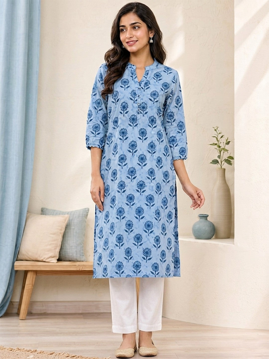 Light Blue Pure Cotton Floral Printed Kurti - Image 3