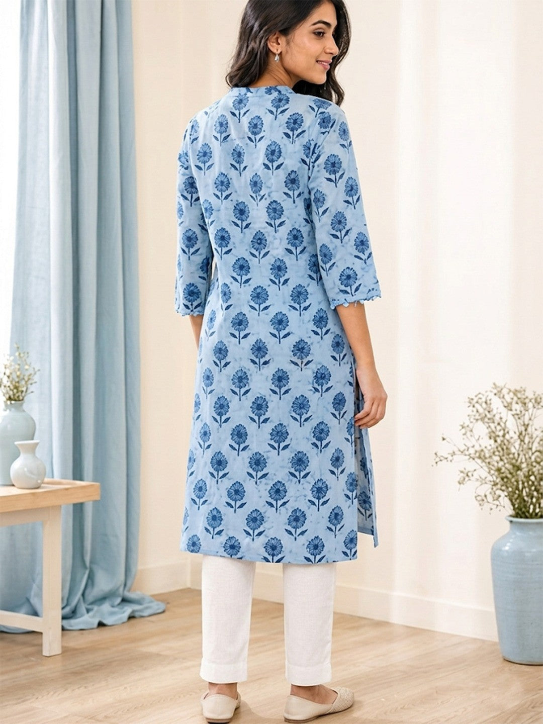 Light Blue Pure Cotton Floral Printed Kurti - Image 4