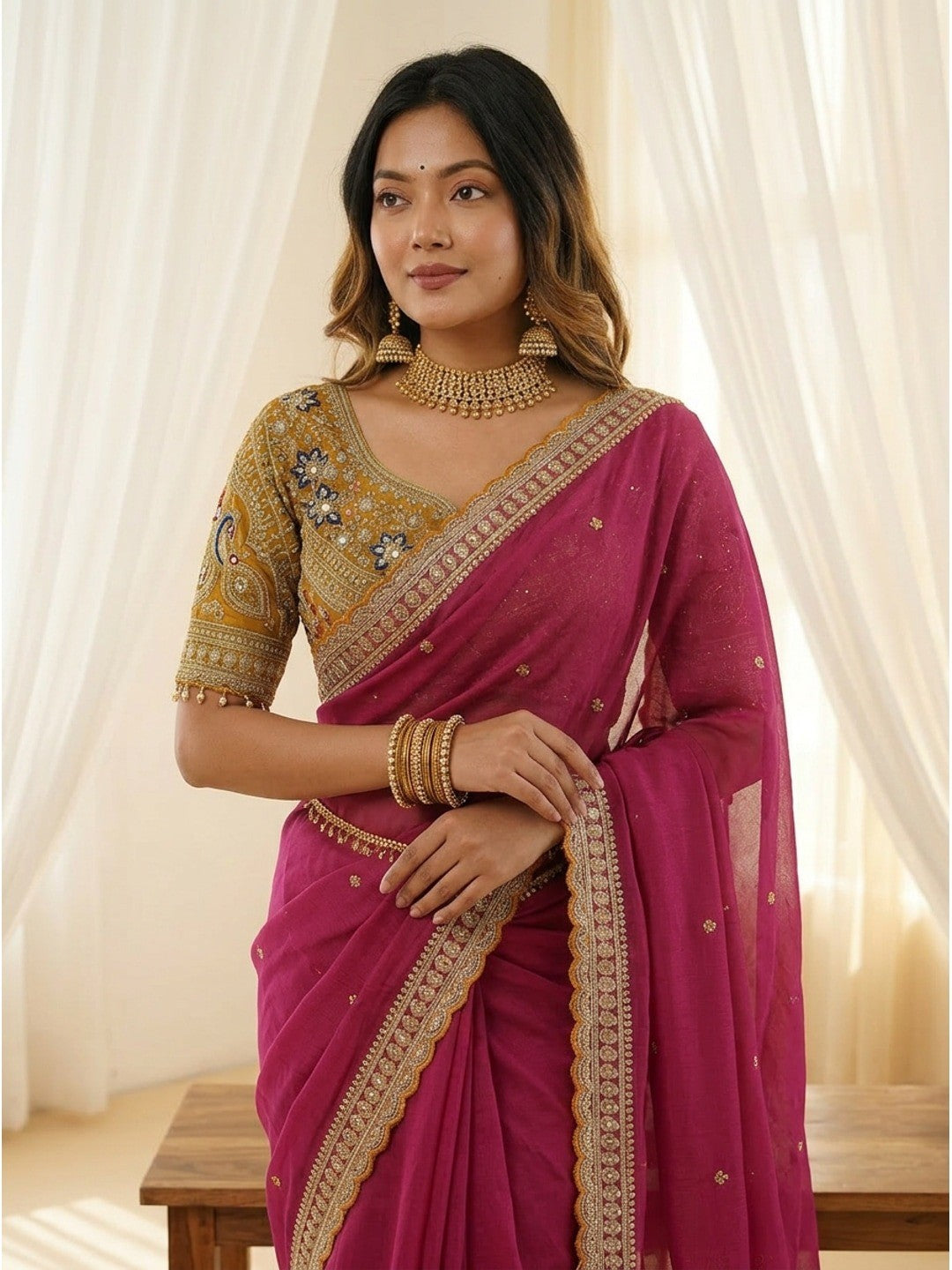 Peachmode Wine Rangoli Silk Saree with Sequins, Zari Embroidery and Multi Arco Border - Image 3