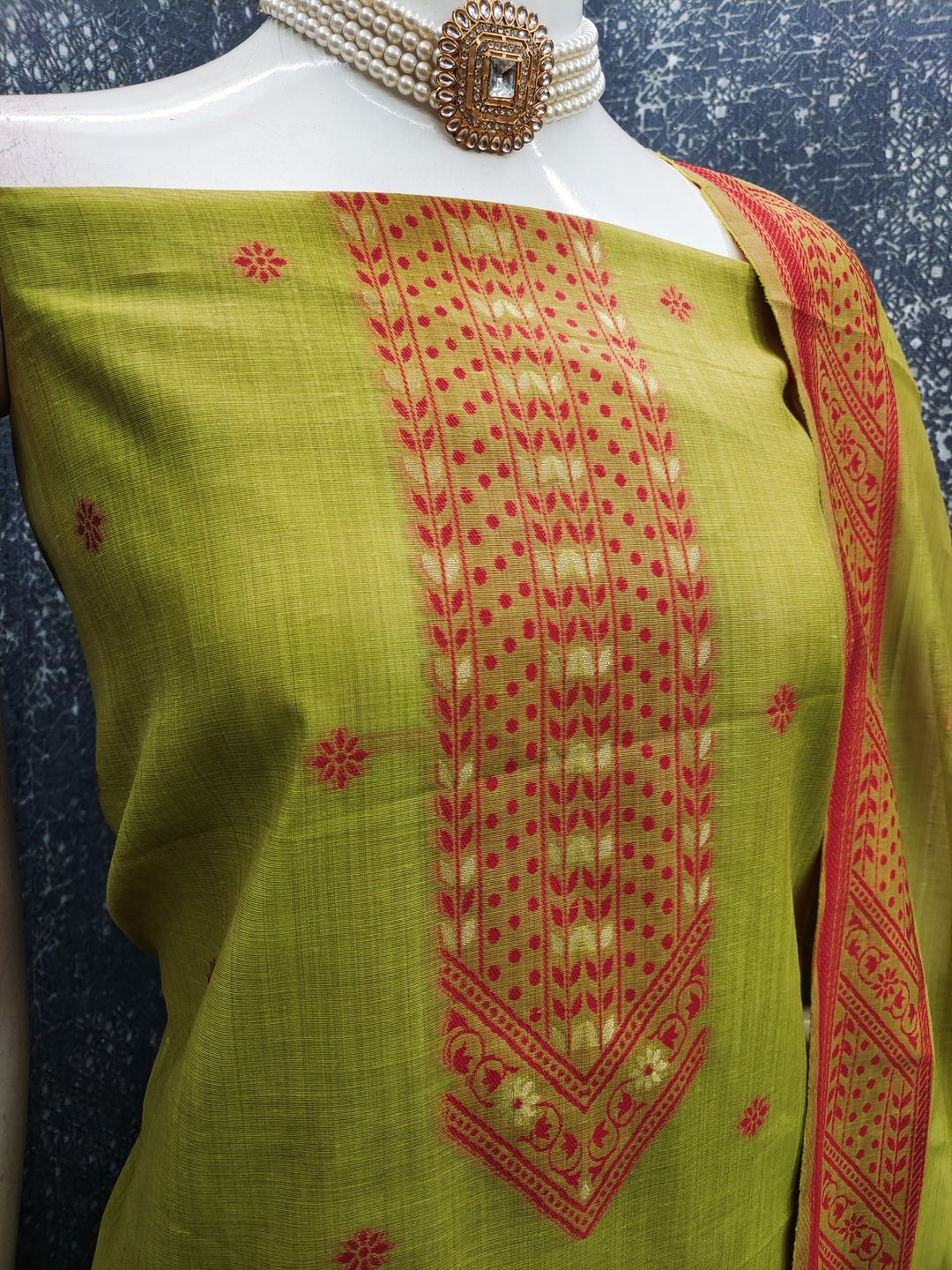 Peachmode Green Cotton Dress Material with Ethnic Motifs - Image 3