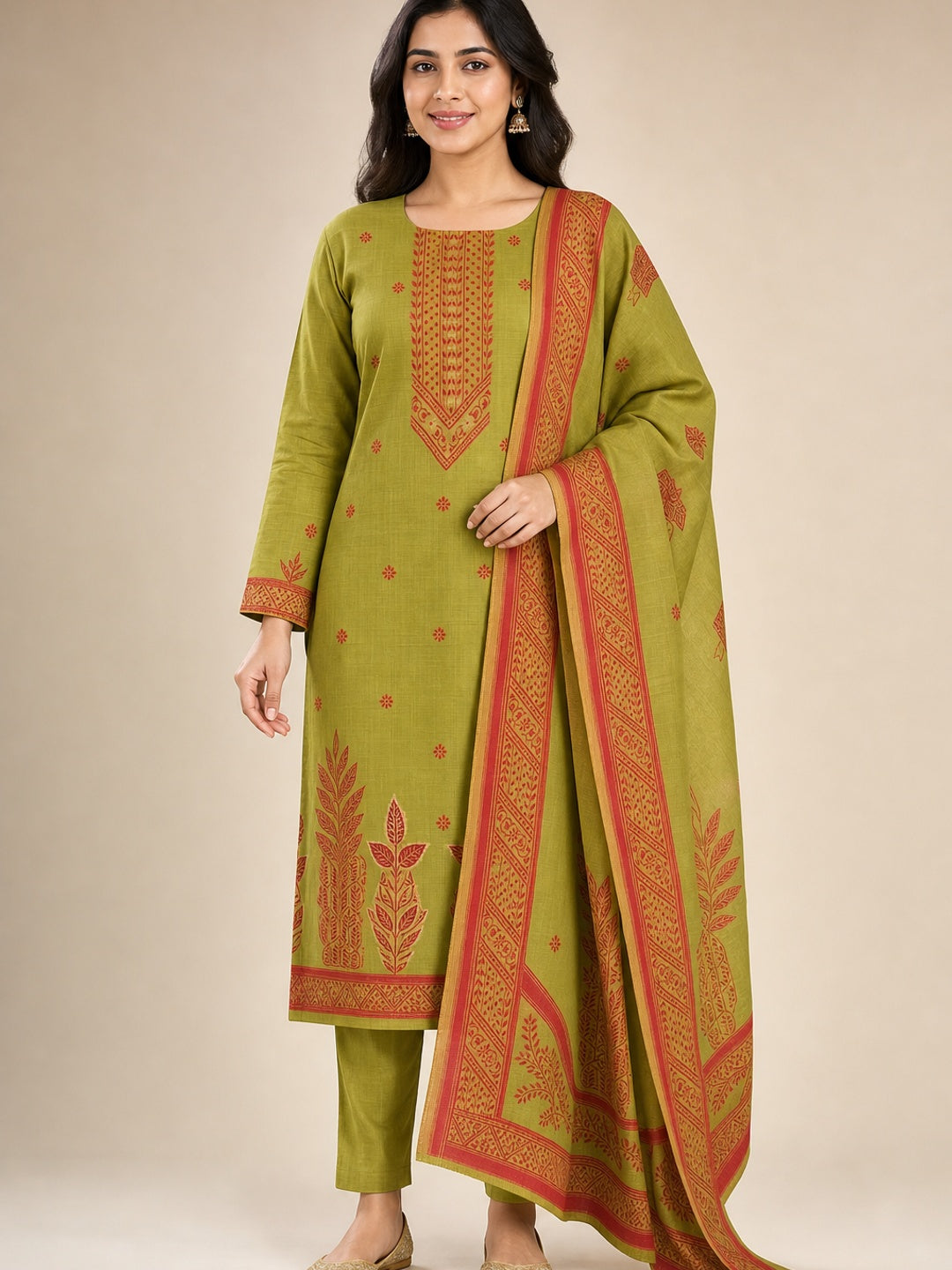 Peachmode Green Cotton Dress Material with Ethnic Motifs - Image 1
