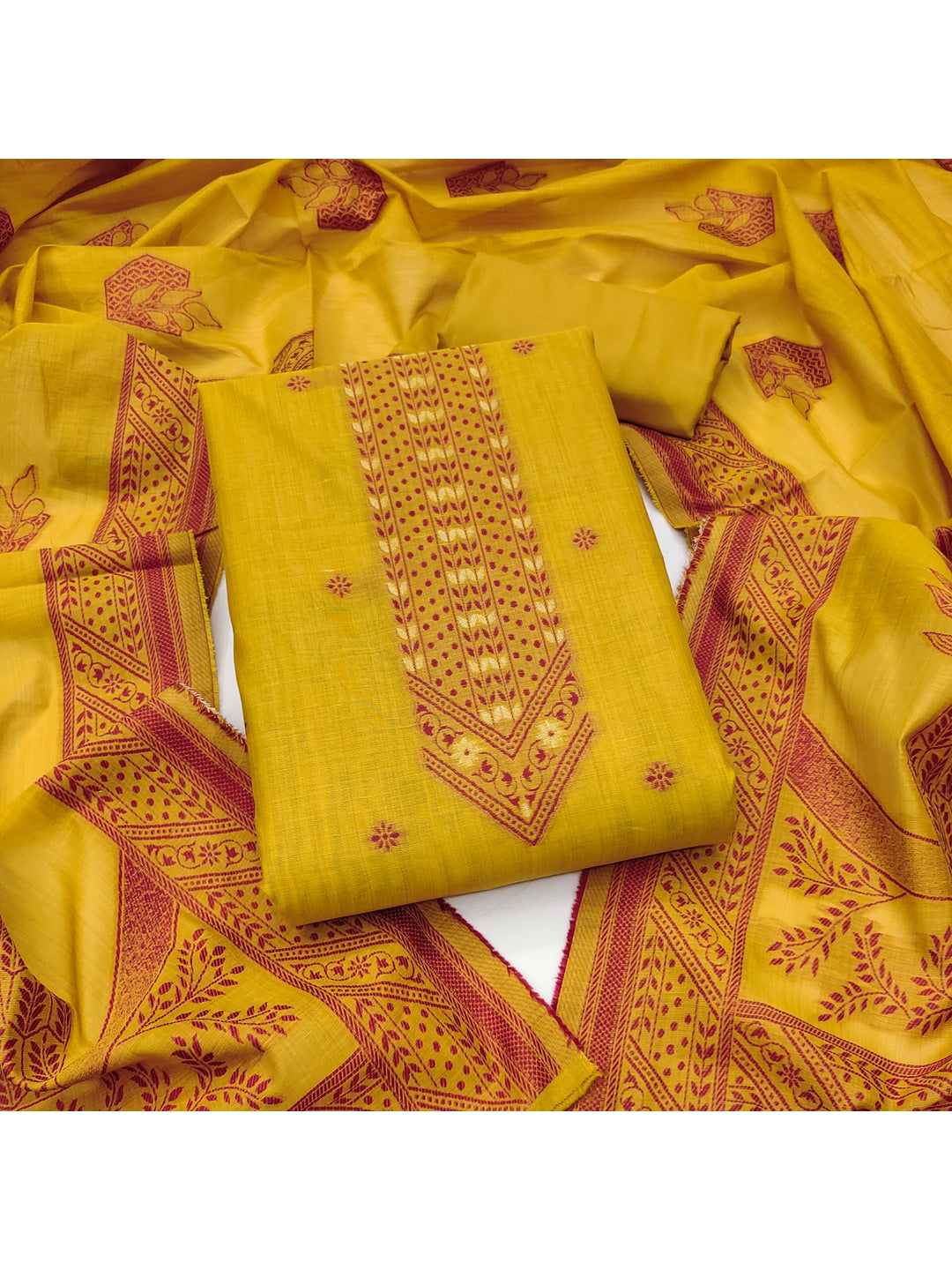 Peachmode Mustard Cotton Dress Material with Ethnic Motifs - Image 4