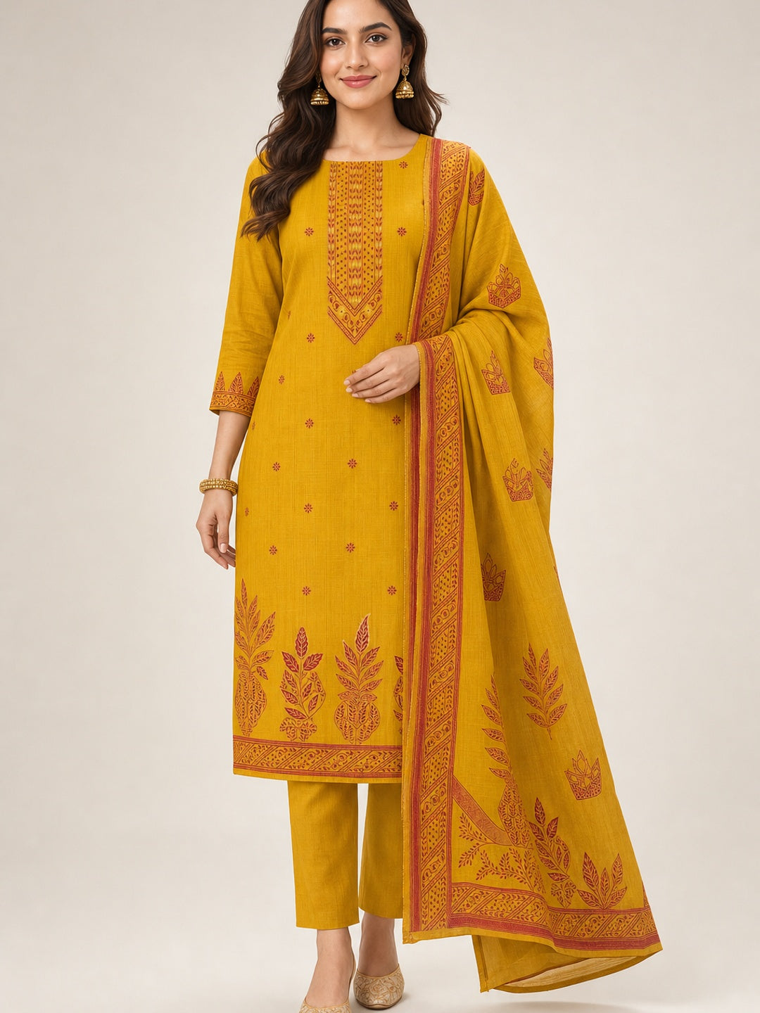 Peachmode Mustard Cotton Dress Material with Ethnic Motifs - Image 1