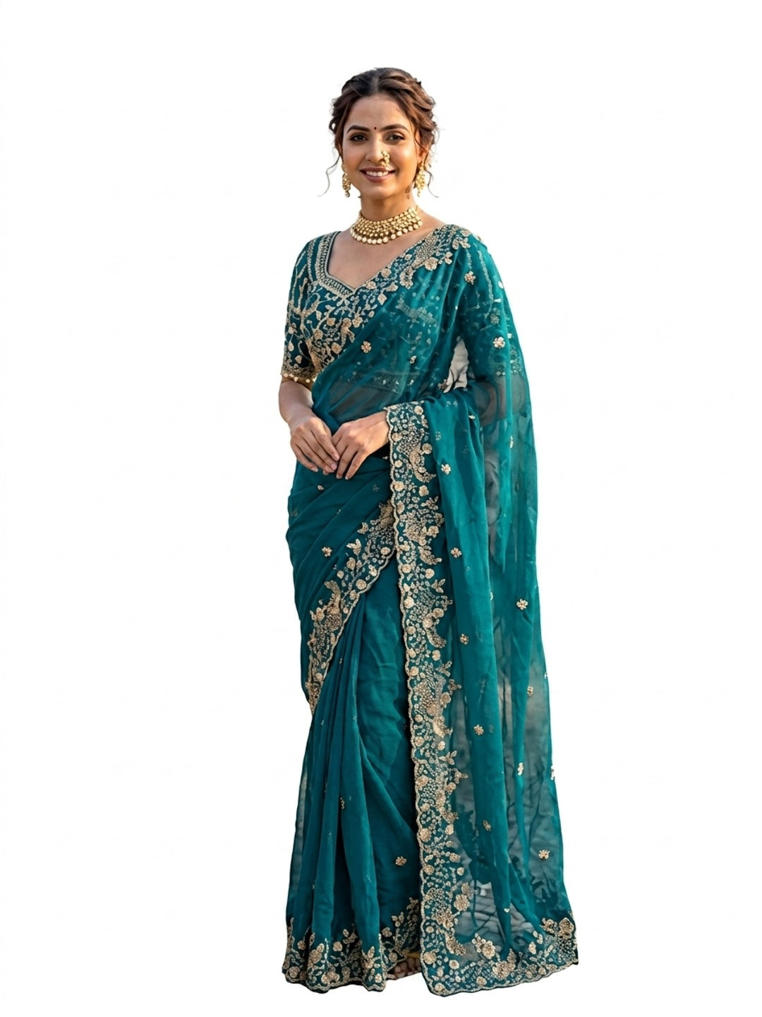 Peachmode Turquoise Fandy Satin Silk Saree with Sequins, Zari Embroidery and Cutwork Border - Image 4