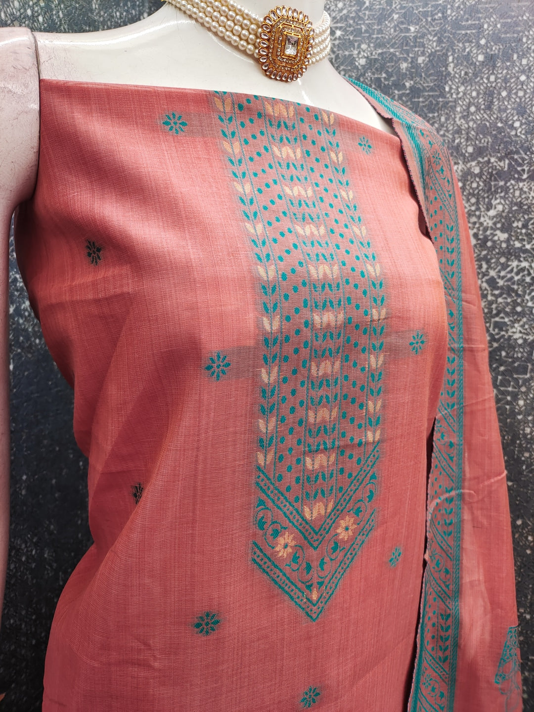 Peachmode Coral Cotton Dress Material with Ethnic Motifs - Image 3